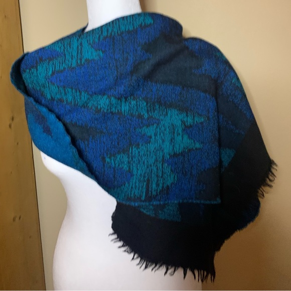 Auth Vtg Blue Green Black Abstract Yves Saint Laurent 70s Shawl Scarf. Pristine - Picture 1 of 8